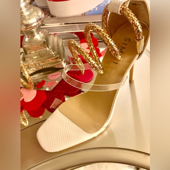 SIMMI LONDON White and Gold faux snake wrap around stiletto heels SZ 9 π₯π₯π₯ - Picture 6 of 10